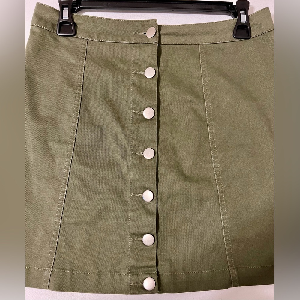 NUDE Brand Army Green Button Front Mini Skirt Denim Slight Stretch Size Medium - Picture 12 of 13